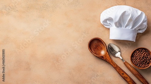 White Chef Hat with Wooden Spoons and Peppercorns on Beige Background