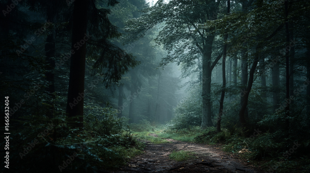 Fototapeta premium A winding dirt path through a dense forest shrouded in mist and deep shadows of the trees there