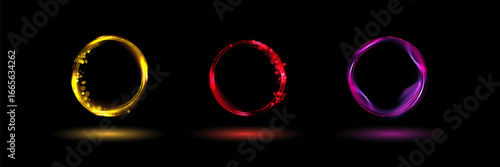 Set of glowing neon color circles round curve shape with wavy dynamic lines isolated on black background technology concept. Circular light frame border.