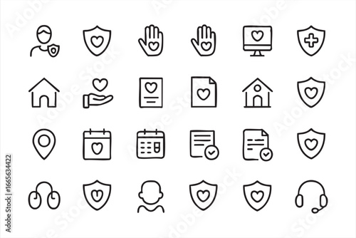 Business and Medical Line Icon Set – Protection, Wellness and Assistance Symbols