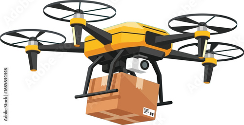 Modern delivery drone carries package through bright blue sky with clouds