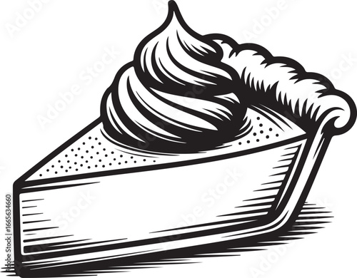 Pumpkin Pie Slice Outline Vector Thanksgiving Dessert with Whipped Cream Topping Hand-Drawn Line Art