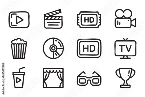 Vector Outline Icons of Cinema – Camera, Ticket, Soda and Glasses Collection