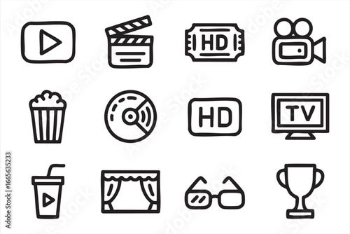 Entertainment and Movie Line Icon Set – Film, Popcorn, TV and Award Symbols
