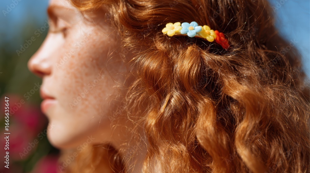 Naklejka premium Close-up of a colorful hair clip adorning loose natural curls, warm sunlight highlighting the vibrant colors, soft blurred floral background