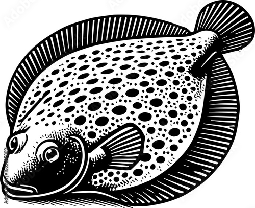 Illustration of a flat fish with dark spots and detailed fins in black and white style drawing art
