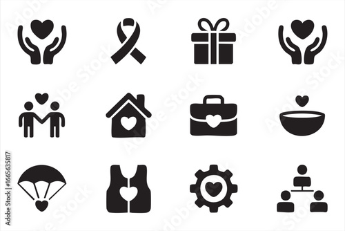 Donation and Nonprofit Silhouette Icons – Gift, People and Heart Vector Pack