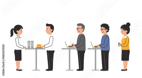 People Eating Lunch at Tables Working with Laptops.