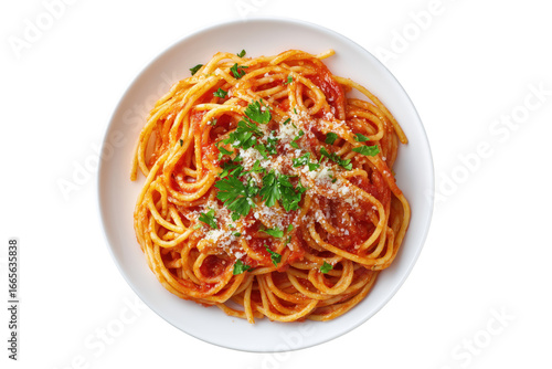 Delicious spaghetti pasta dish with tomato sauce and parmesan cheese top view food photography appetizing italian cuisine meal transparent background
