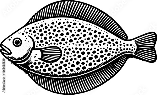 Detailed monochrome illustration of a spotted flatfish with textured fins and tail design element