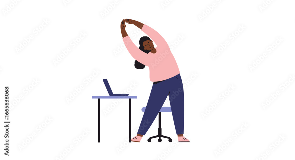Fototapeta premium Woman Stretching Near Desk with Laptop Computer.