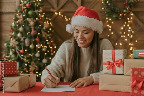 Woman wearing santa hat writing letter surrounded by christmas gifts and lights