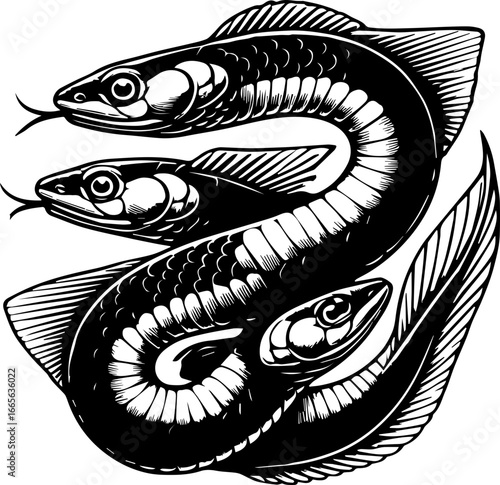 Three stylized eels intertwined in a circular pattern with detailed line work and monochrome color scheme