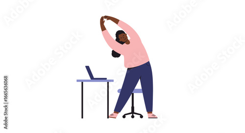 Woman Stretching Near Desk with Laptop Computer.