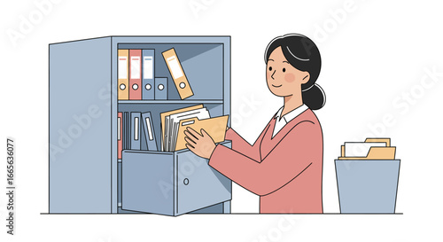 Woman Organizing Files in Office Cabinet Smiling.