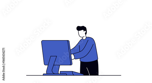 Person Working on a Blue Computer Screen.