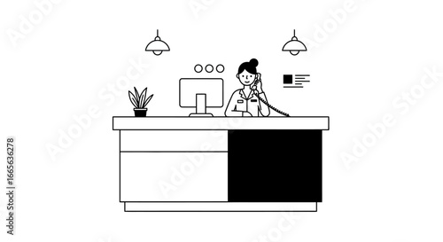 Receptionist Answering Phone at Modern Office Desk.