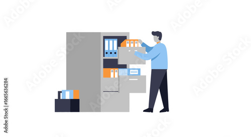 Office Worker Filing Documents in a Cabinet Illustration.
