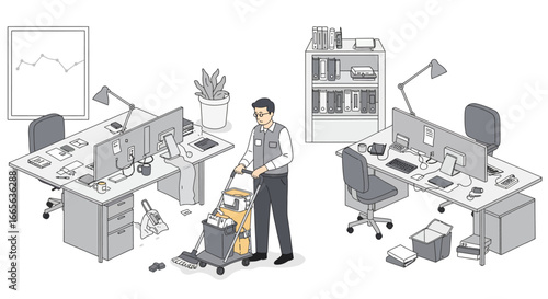 Office Cleaner with Cleaning Cart in Workspace.