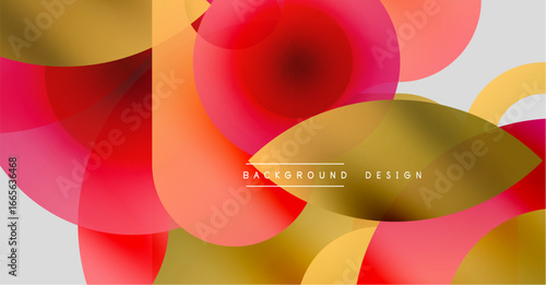 Abstract fluid shapes overlap, creating vibrant color gradients. Warm tones dominate, with hints of cool shades. Modern design element.