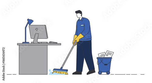 Office Cleaner Mopping Floor with Cleaning Supplies.