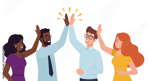 Diverse Team Giving High Five Celebrating Success.