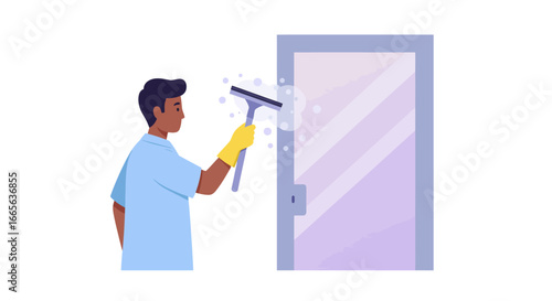 Person Cleaning Glass Door with Squeegee Illustration.