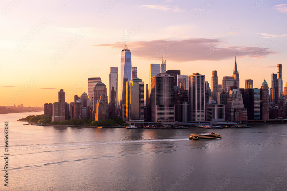 Fototapeta premium Urban Sunset Panorama: An awe-inspiring scene of an urban skyline, bathed in the warm hues of a setting sun over the serene river. It is a true moment in a cityscape. 