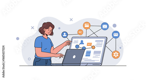 Woman Interacting with Laptop and Network Connections.
