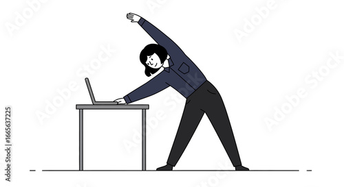 Woman Stretching Near Laptop at Desk.