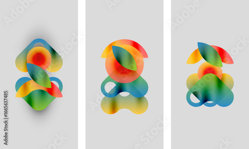 Abstract colorful shapes overlap, creating vibrant compositions. Three panels display similar designs, slight variations exist. Modern art style.