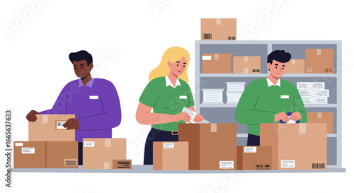 Workers Packaging and Preparing Cardboard Boxes for Shipping.