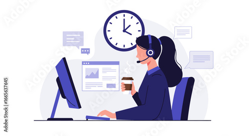 Customer Service Representative Working with Headset and Coffee.