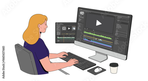 Woman Editing Video on Computer with Software.
