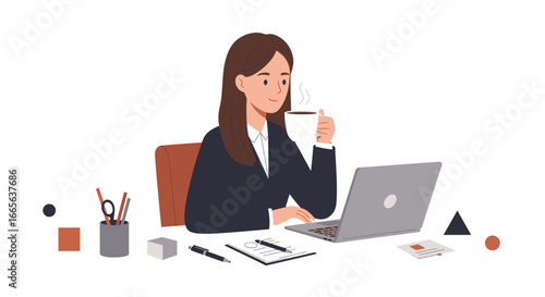 Businesswoman Enjoying Coffee While Working on Laptop.