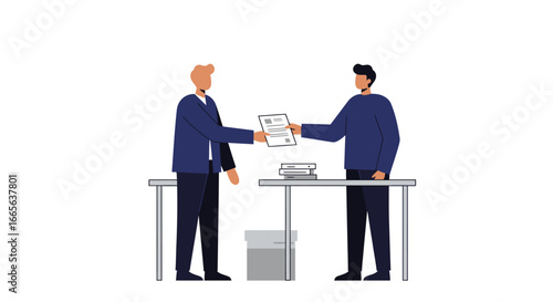 Two Business People Exchanging Documents at Desk.