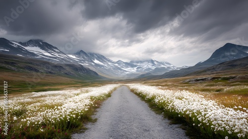 A remote tundra path lined with small wildflowers