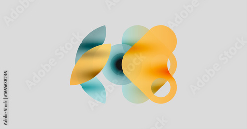 Abstract shapes overlap, creating soft gradients. Warm orange contrasts cool blue tones on light gray background. Minimalist design.