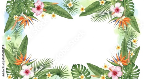 Vibrant tropical watercolor frame adorned with hibiscus and monstera leaves
