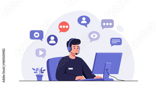 Customer Service Representative Working on Computer with Headset.