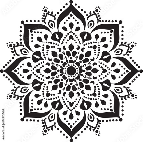 Radiant Mandala: A symmetrical mandala illustration with an intricate design radiating from the center, showcasing an array of dots and intricate patterns.