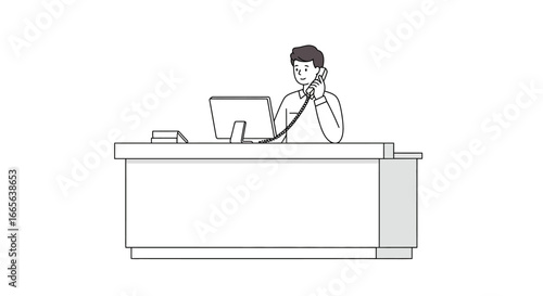 Man Talking on Phone at Desk Vector Illustration.