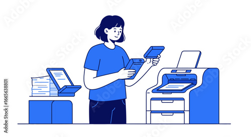 Woman Operating a Modern Office Printer Vector Illustration.