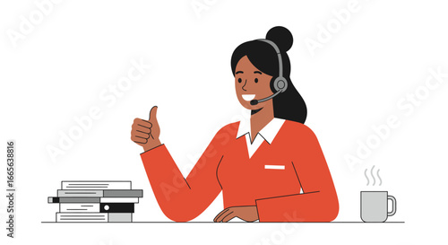 Smiling Customer Service Representative Giving Thumbs Up.