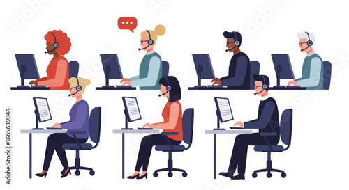 Diverse Customer Service Representatives Working at Desks with Headsets.