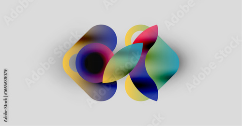Abstract colorful shapes overlap, creating dynamic visual effect. Soft gradients blend hues, forming fluid composition. Brightness contrasts with neutral background.