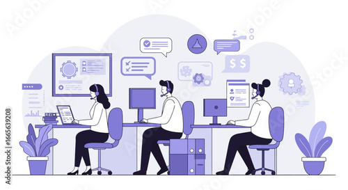Customer Service Representatives Working at Modern Call Center.