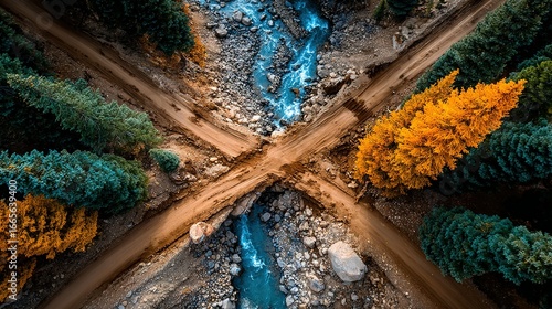 Aerial view of a river flowing through a forest with a log bridge.