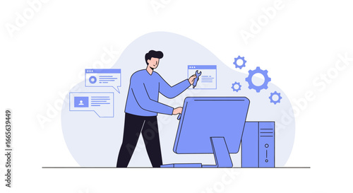 Technician Repairing Computer with Wrench and Tools Illustration.