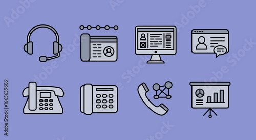 Collection of Communication and Business Icons on Purple Background.